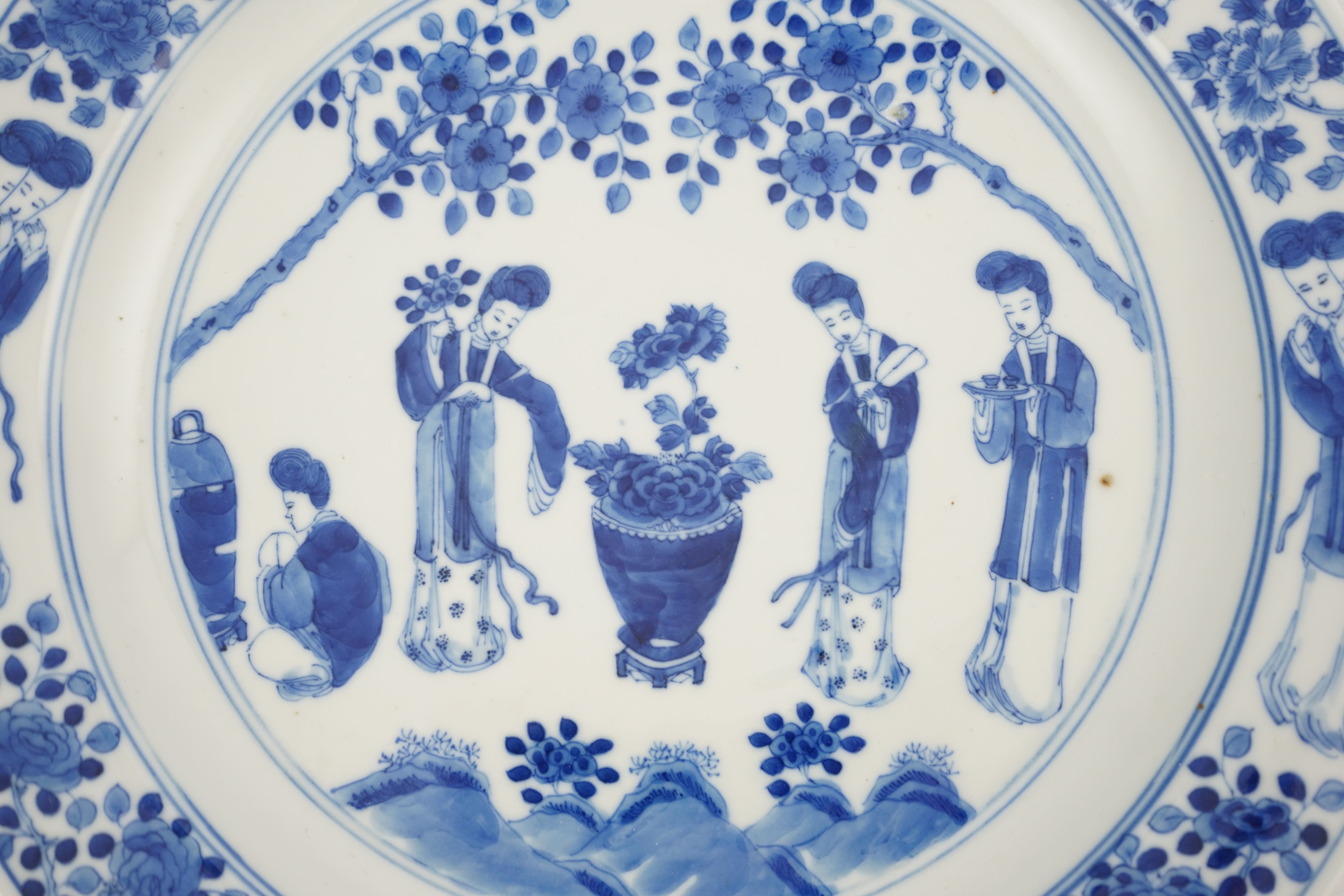 A Chinese blue and white 'ladies' plate, Kangxi mark, 19th century